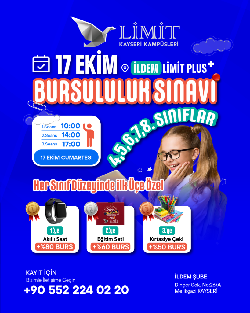 Limit Kayseri Kampüsleri İldem Limit Plus Bursluluk Sınavı afişi: 17 Ekim Cumartesi, 4-5-6-7-8. sınıflar, seanslar 10:00, 14:00 ve 17:00