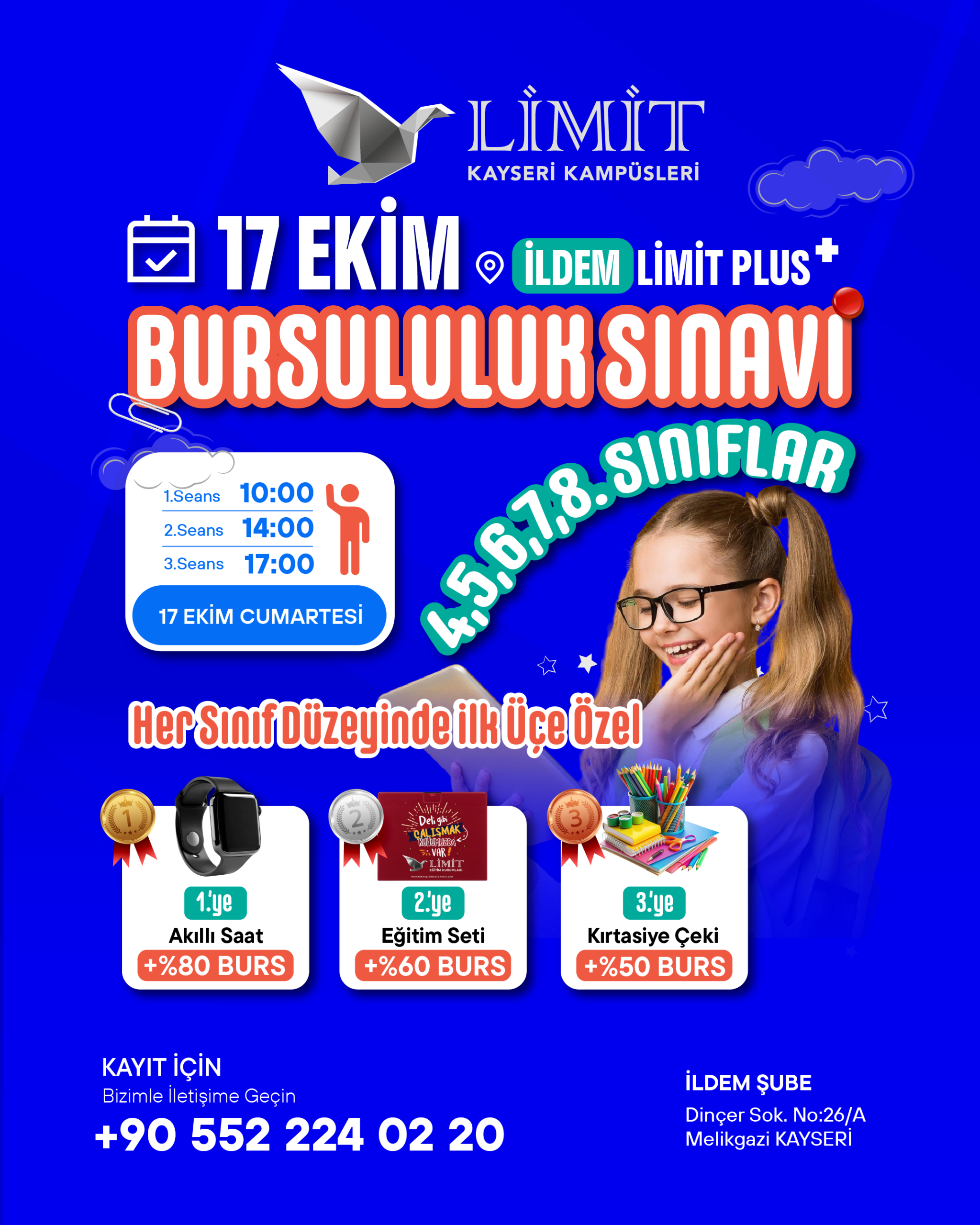 Limit Kayseri Kampüsleri İldem Limit Plus Bursluluk Sınavı afişi: 17 Ekim Cumartesi, 4-5-6-7-8. sınıflar, seanslar 10:00, 14:00 ve 17:00